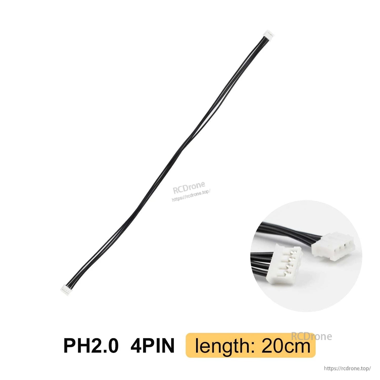 PH2.0 4-pin connector cable, 20 cm length, black wire with plug close-up inset
