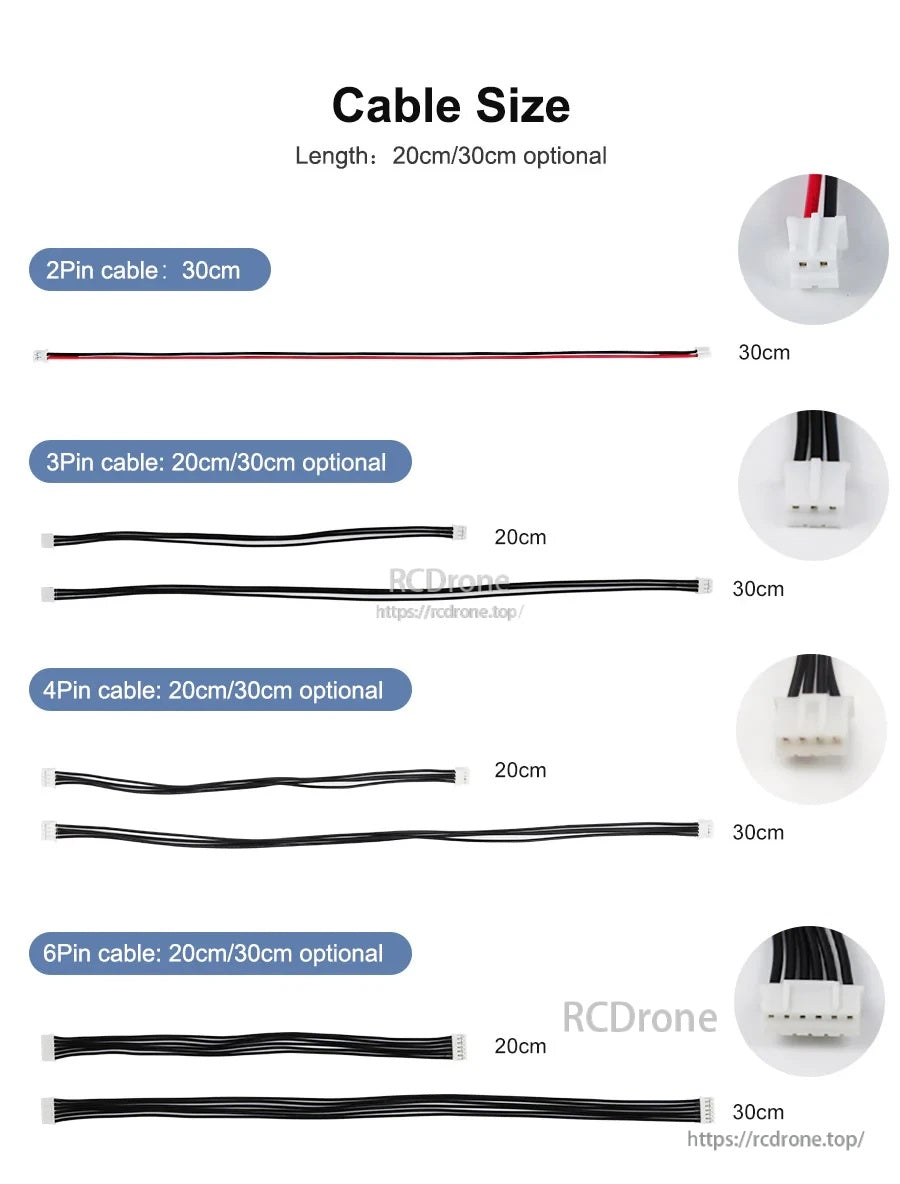 Cable size chart comparing PH2.0 2-pin (30cm) and 3/4/6-pin cables in 20cm and 30cm lengths