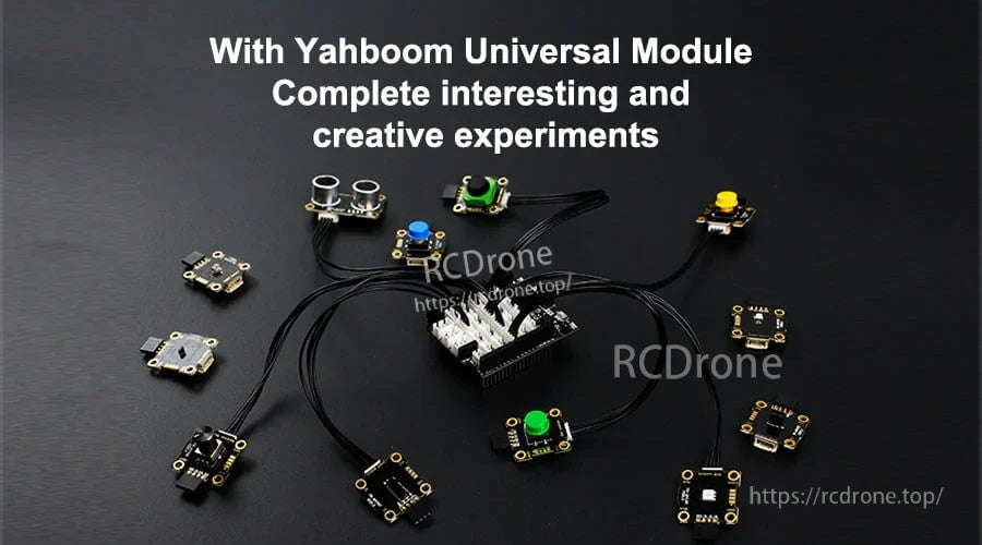 Yahboom universal module setup with multiple sensor boards wired to an expansion board using PH2.0 connector cables