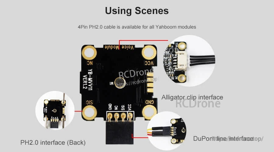 Wiring scenario board showing PH2.0 interface on back and adapters to alligator clip and DuPont line interfaces