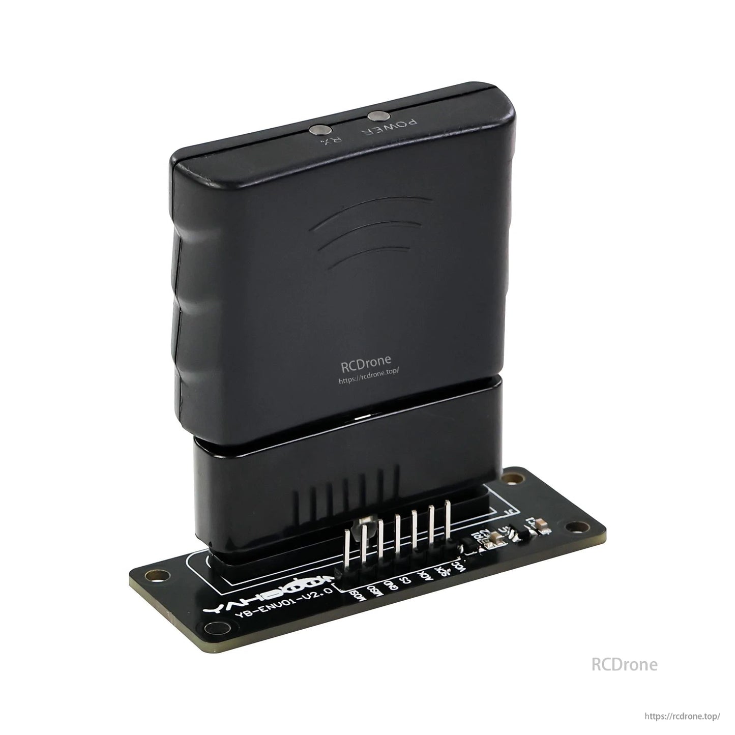 Receiver module seated on adapter board, angled view showing power and link buttons on top