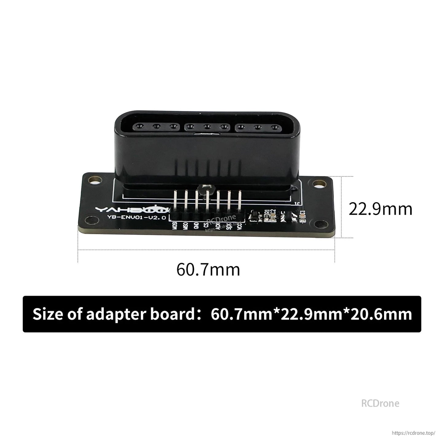 Yahboom receiver adapter board size diagram, 60.7mm by 22.9mm PCB with connector header