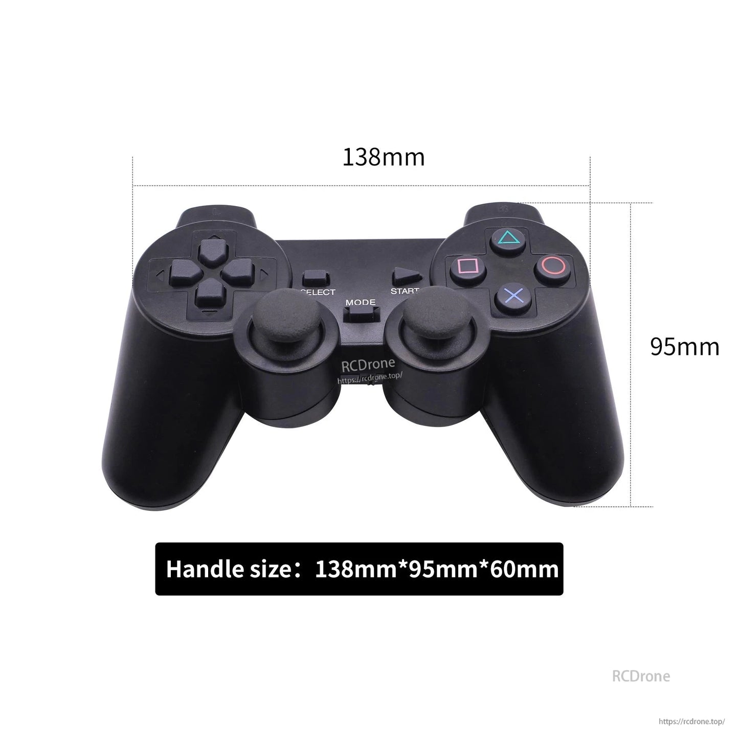 PS2-style wireless gamepad dimensions diagram, 138mm wide and 95mm tall controller