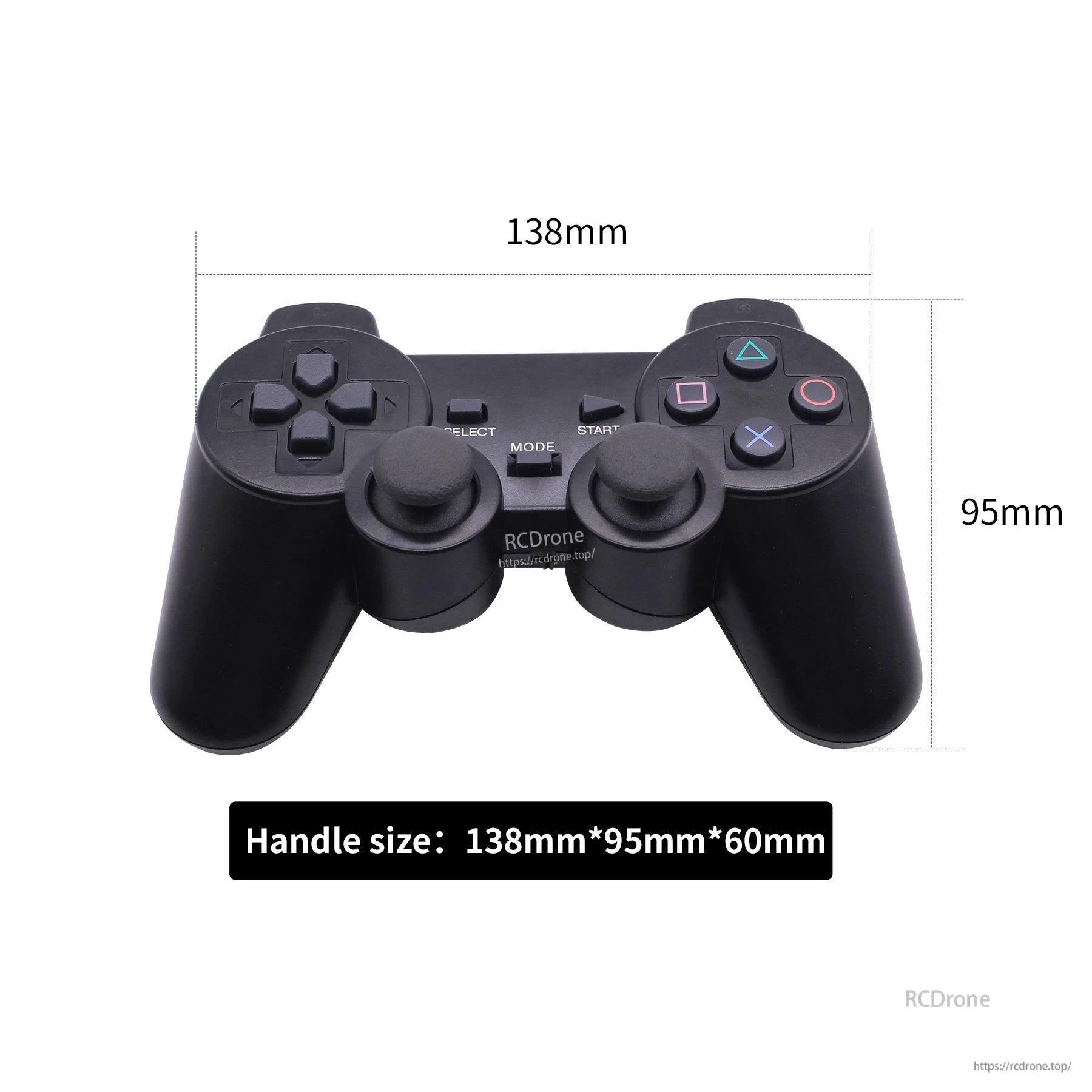 PS2-style wireless gamepad dimensions diagram, 138mm wide and 95mm tall controller