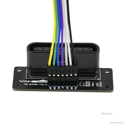 Adapter board close-up with Dupont jumper cable connected to pin header on receiver interface