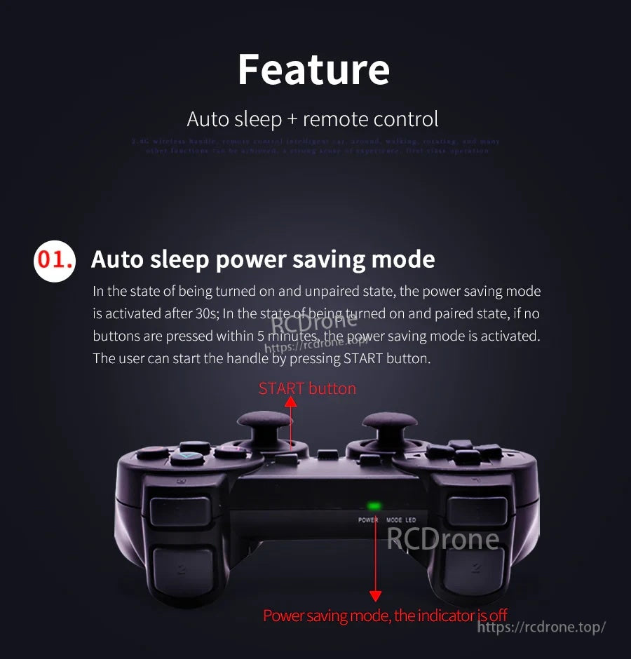 Auto sleep power-saving feature on Yahboom PS2 wireless handle controller (START button wake)