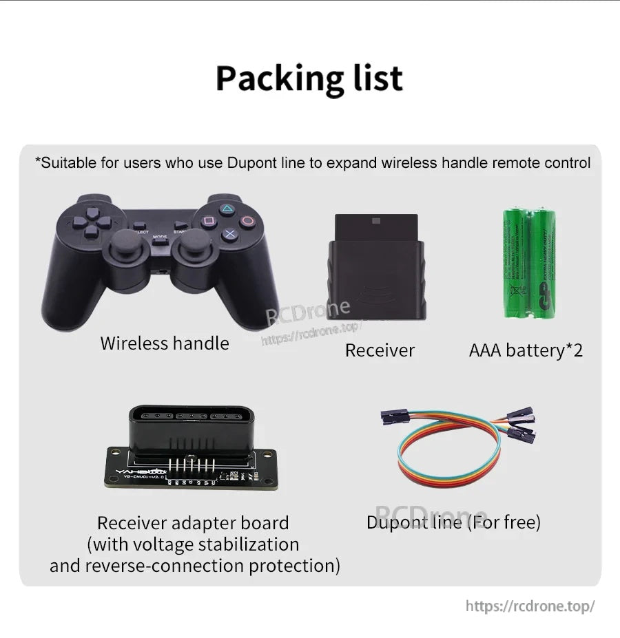 Packing list: wireless handle, receiver, receiver adapter board, DuPont wire, and 2× AAA batteries