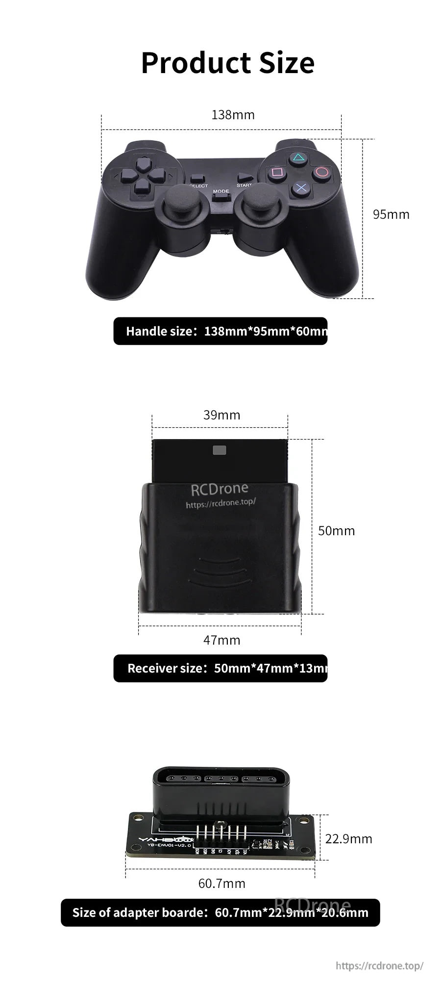 Product size chart for wireless handle, receiver, and adapter board with dimensions in millimeters