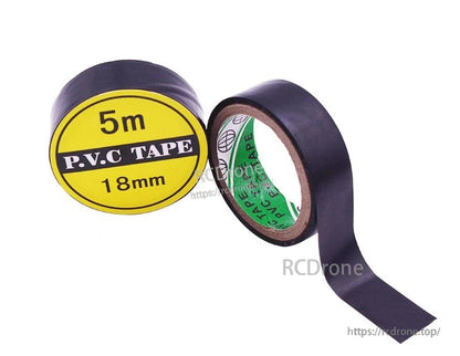 PVC tape roll with peeled strip next to yellow label reading 5m P.V.C TAPE 18mm