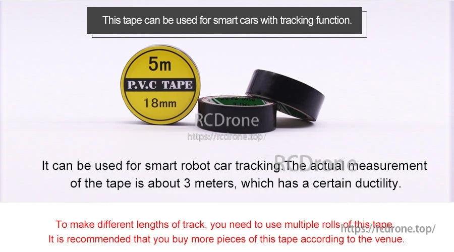 PVC black electrical tape roll with “5m P.V.C TAPE 18mm” label; actual usable length noted as about 3 m