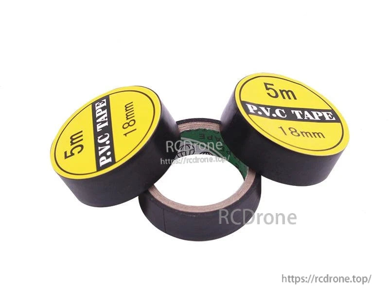 Three PVC tape rolls, two with yellow label marked 5m and 18mm, top view arrangement