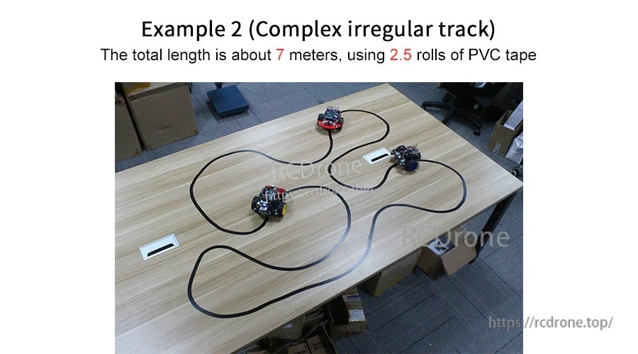 Complex irregular robot car track made with black PVC tape, about 7 m total track length using about 2.5 rolls