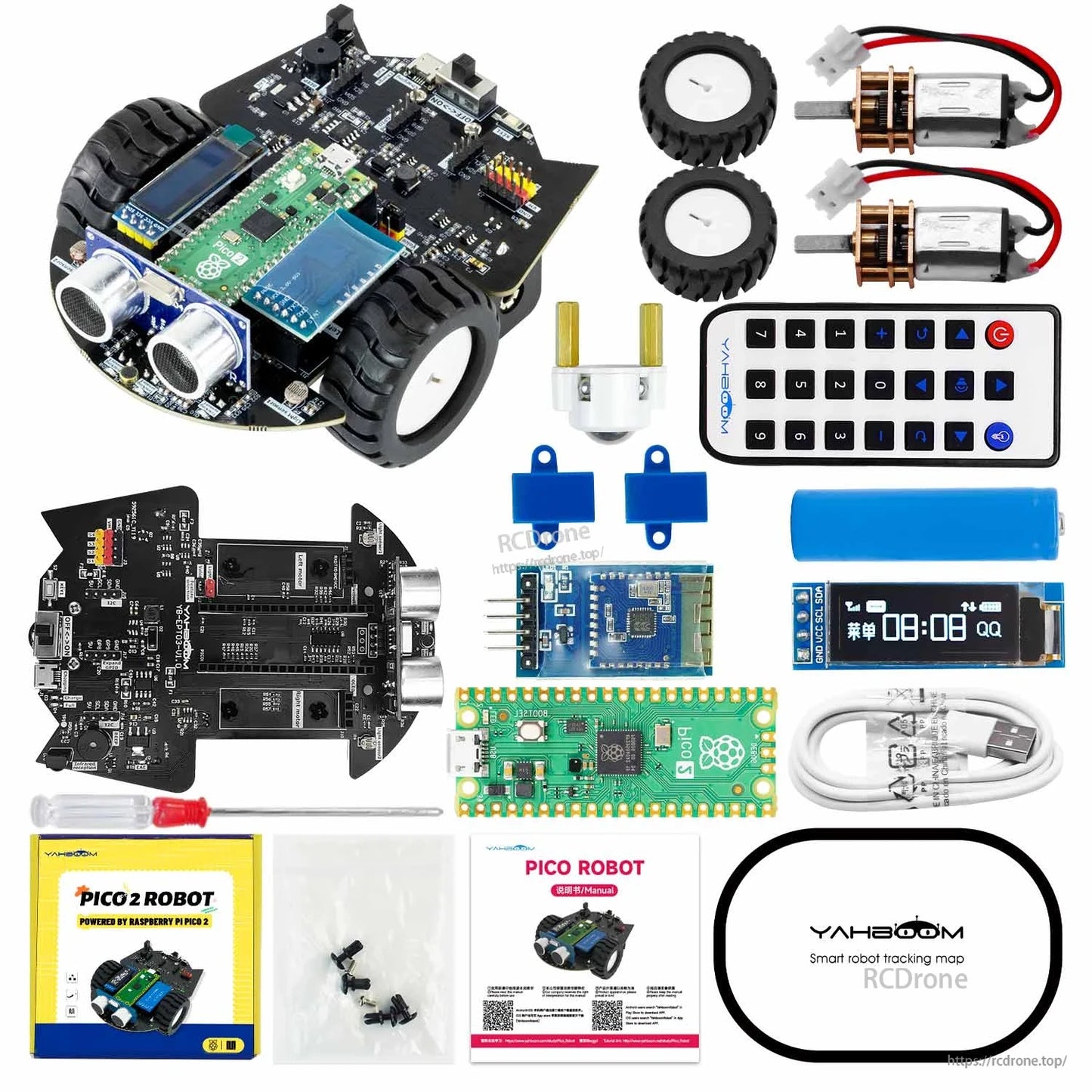 Full kit contents overview including Pico board, controller chassis, motors, wheels, remote, cables, and manual