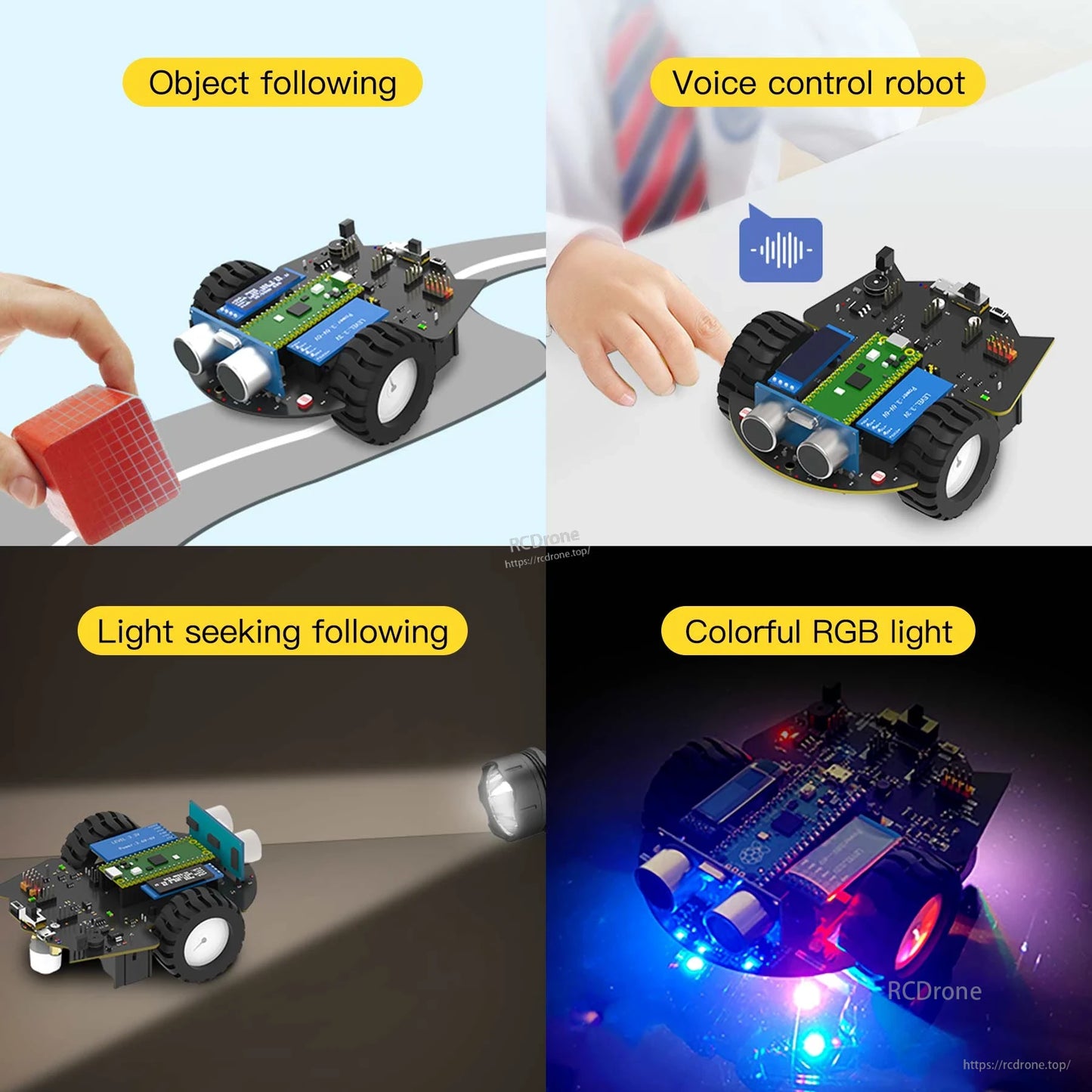 Application scenes: object following, voice control, light seeking, and colorful RGB lighting effects
