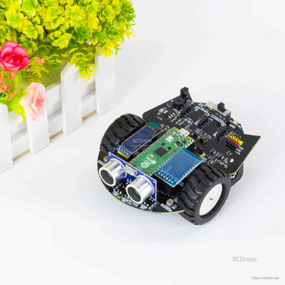 Top view of assembled robot car on white background with decorative plant and fence