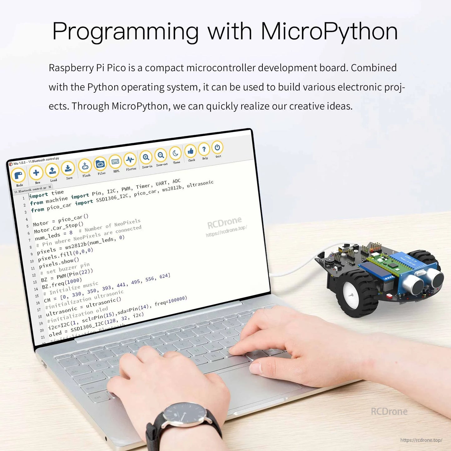 MicroPython programming example with laptop controlling the robot car over USB connection