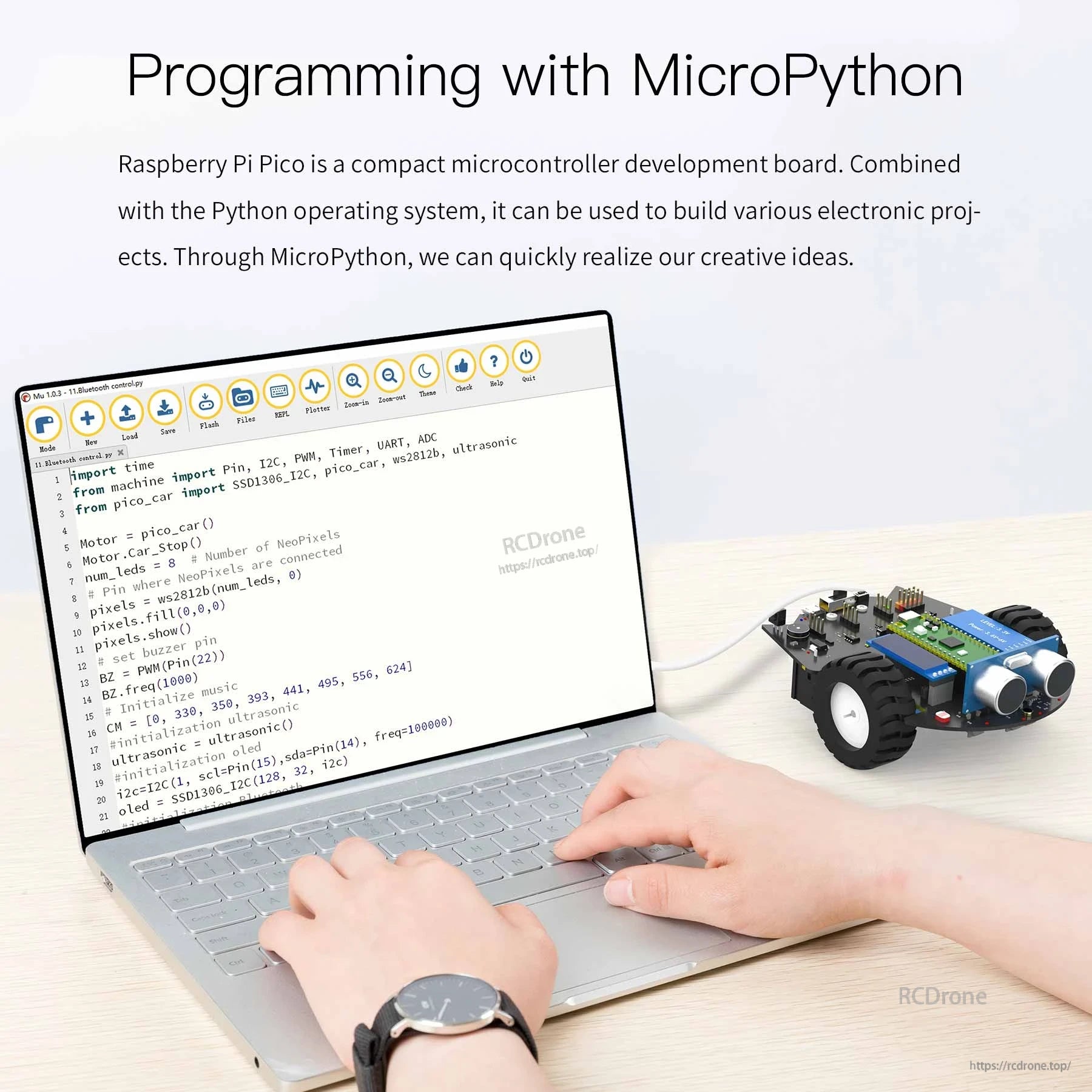 MicroPython programming example with laptop controlling the robot car over USB connection