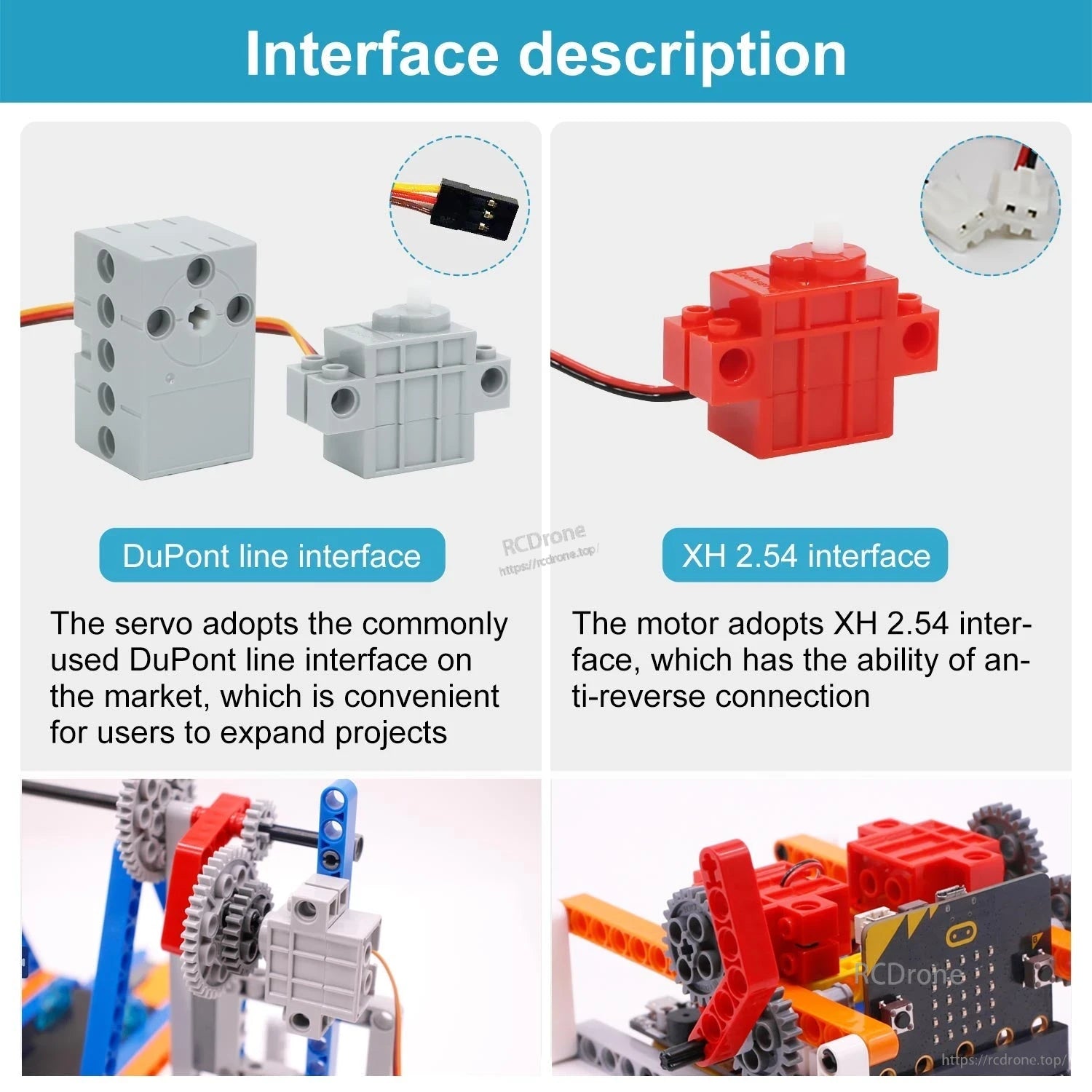 Yahboom Programmable Building Block Servo/Motor interface guide showing DuPont and XH2.54 connectors and wiring