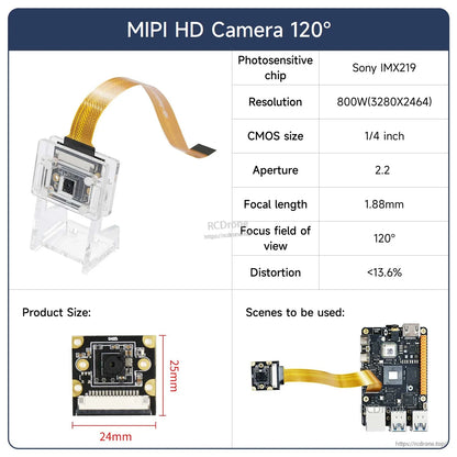 MIPI HD Camera 120° FOV spec sheet with module dimensions and example connection diagram