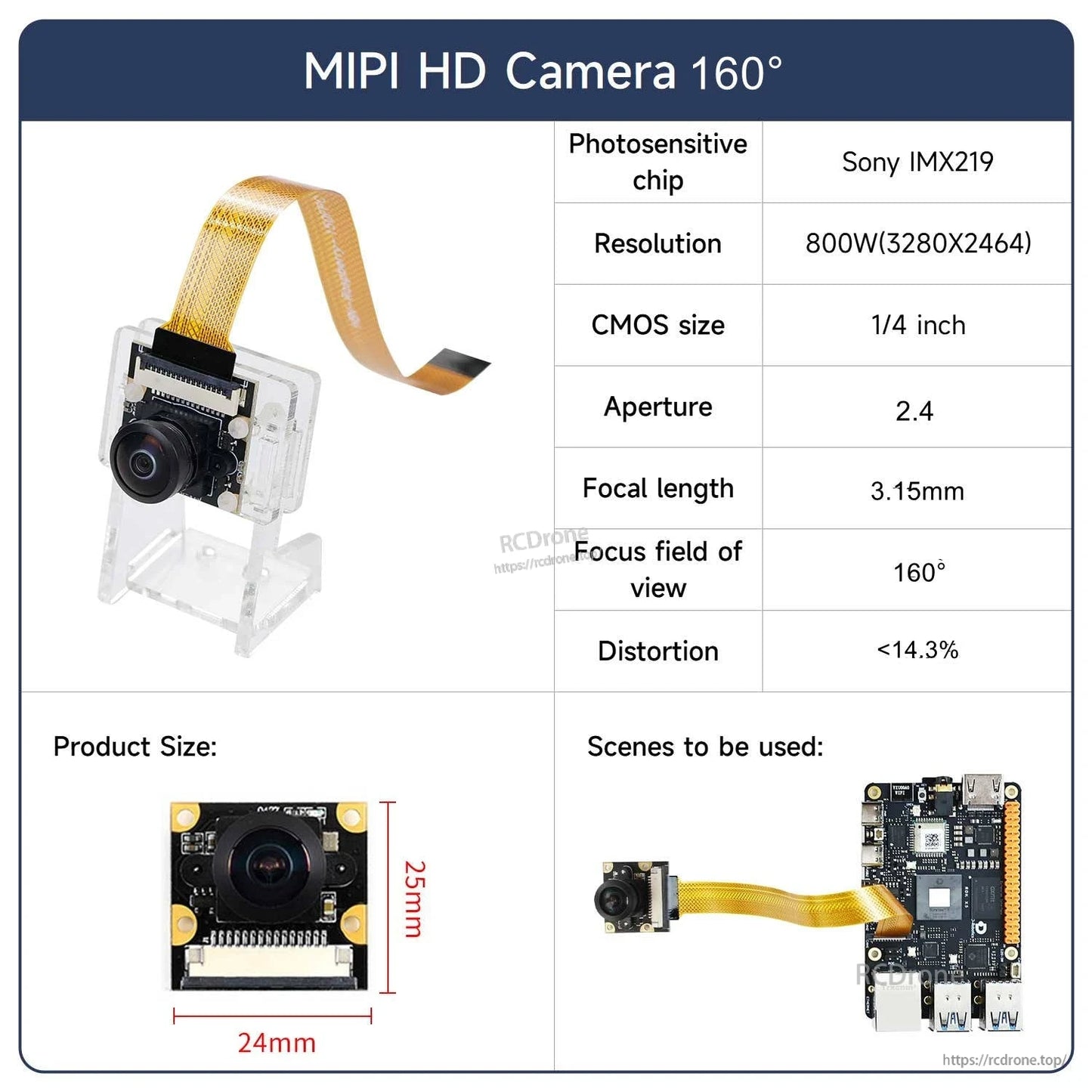 MIPI HD Camera 160° FOV spec sheet showing wide-angle lens, dimensions, and connection diagram