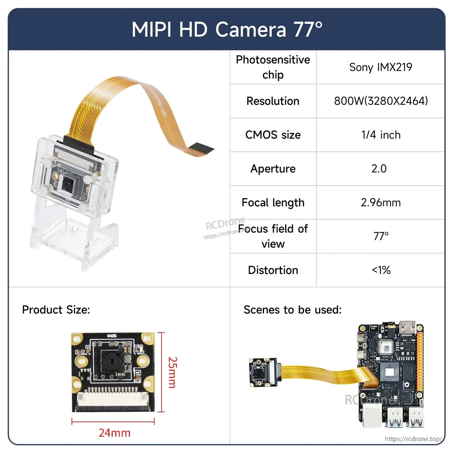 MIPI HD Camera 77° FOV spec sheet with module dimensions and example connection diagram