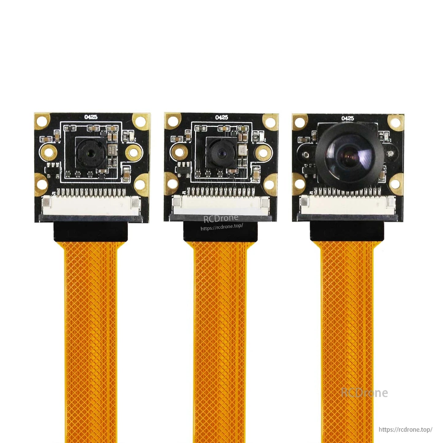 Front views of three camera modules side-by-side with different lens sizes and ribbon cables