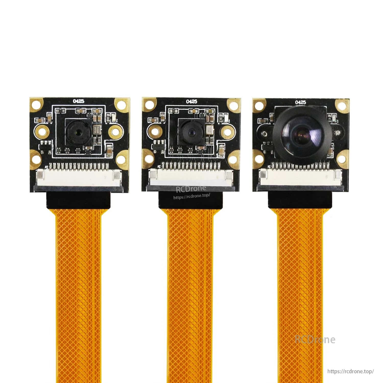 Front views of three camera modules side-by-side with different lens sizes and ribbon cables