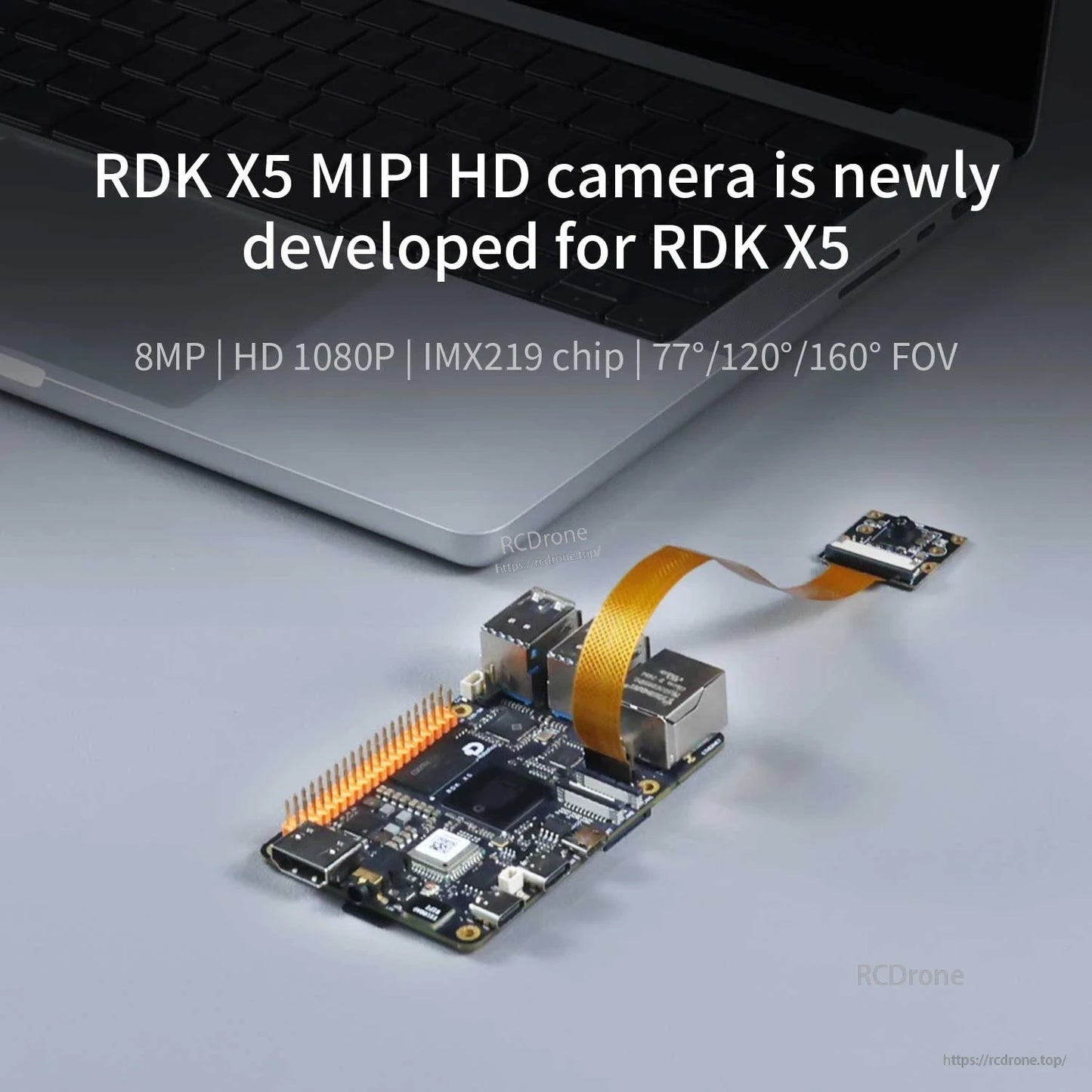 RDK X5 board on desk with MIPI HD camera module connected by ribbon cable
