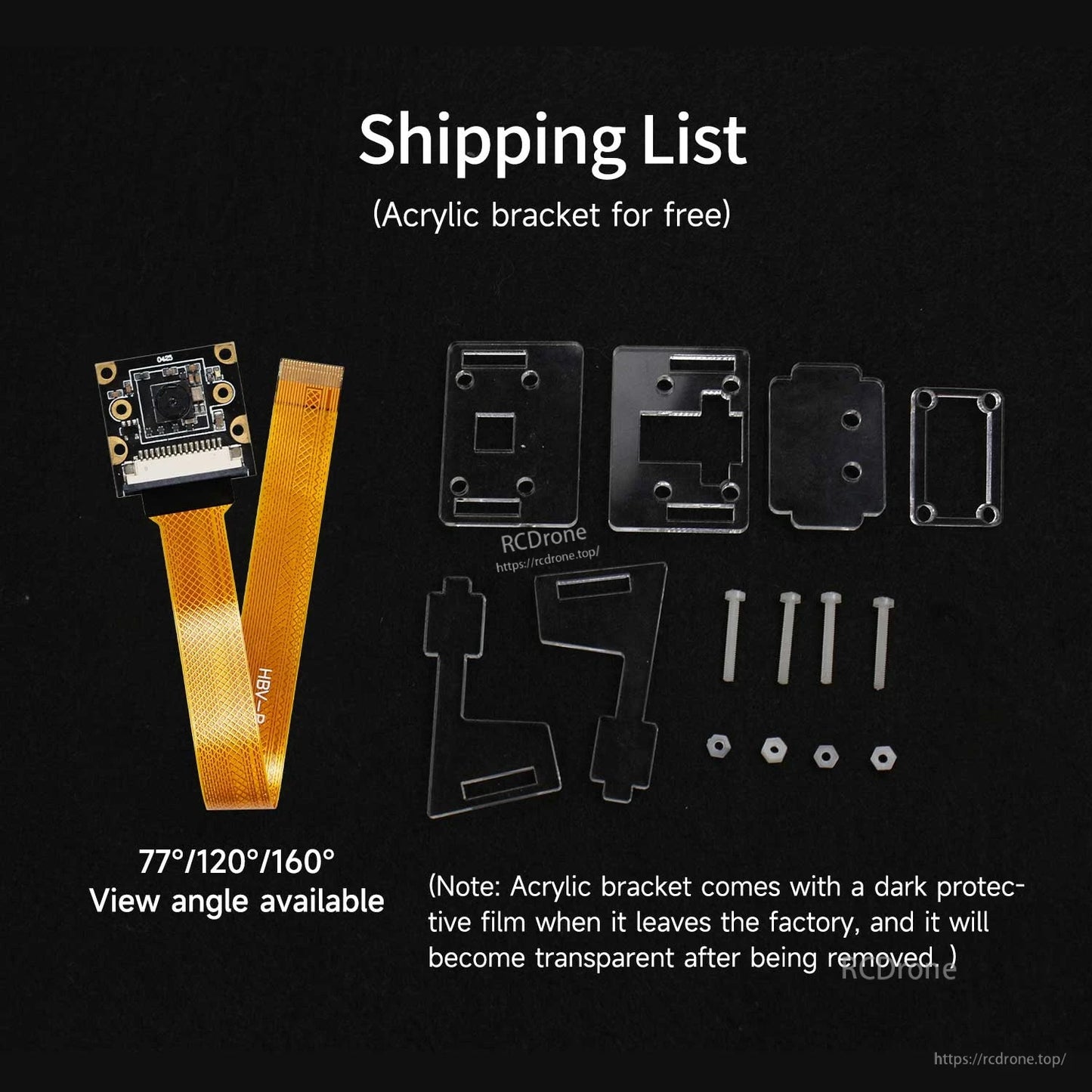 Package contents layout: camera module, acrylic bracket parts, screws, nuts, and standoffs