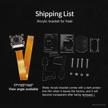 Package contents layout: camera module, acrylic bracket parts, screws, nuts, and standoffs