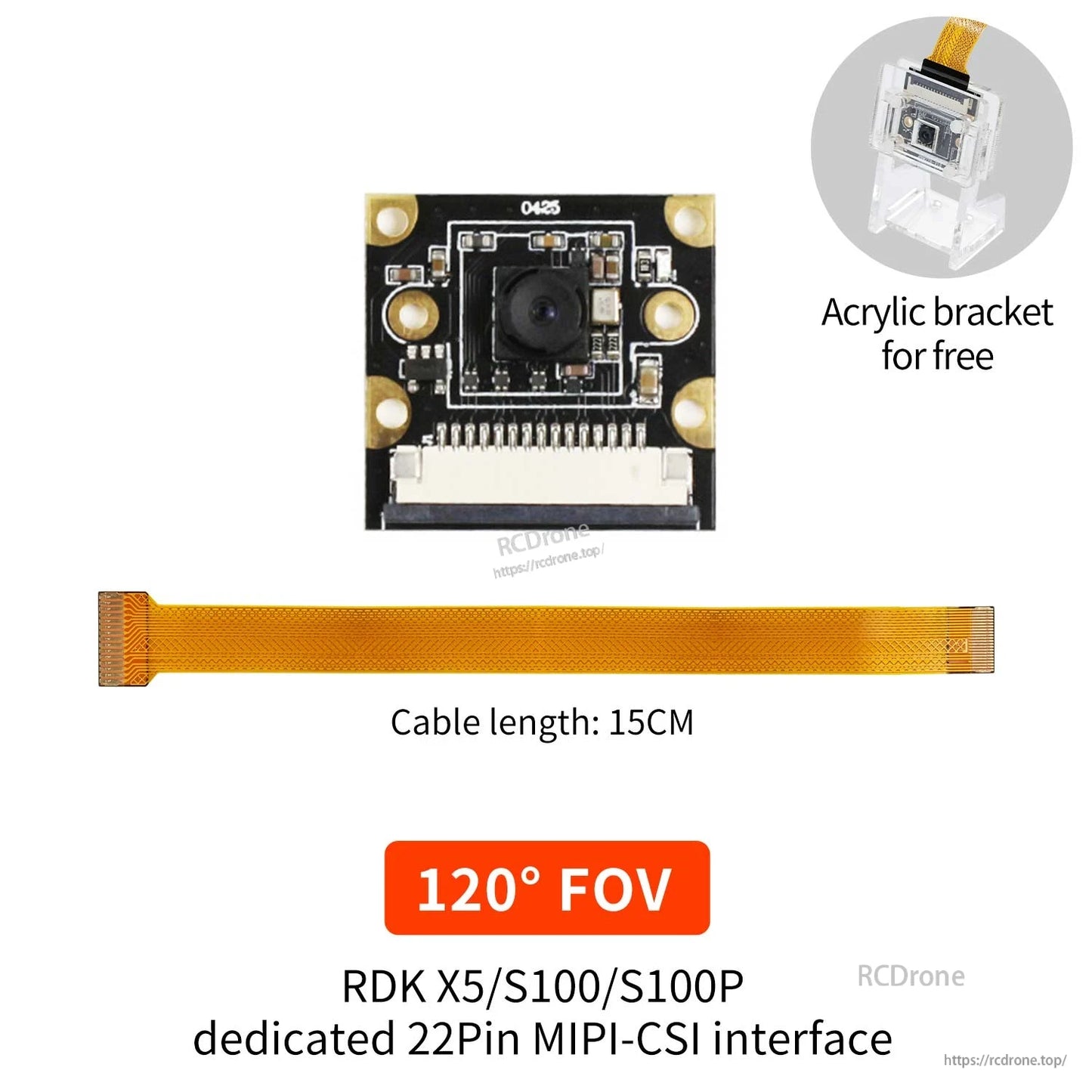 120° FOV camera module with 15 cm ribbon cable and free acrylic bracket callout