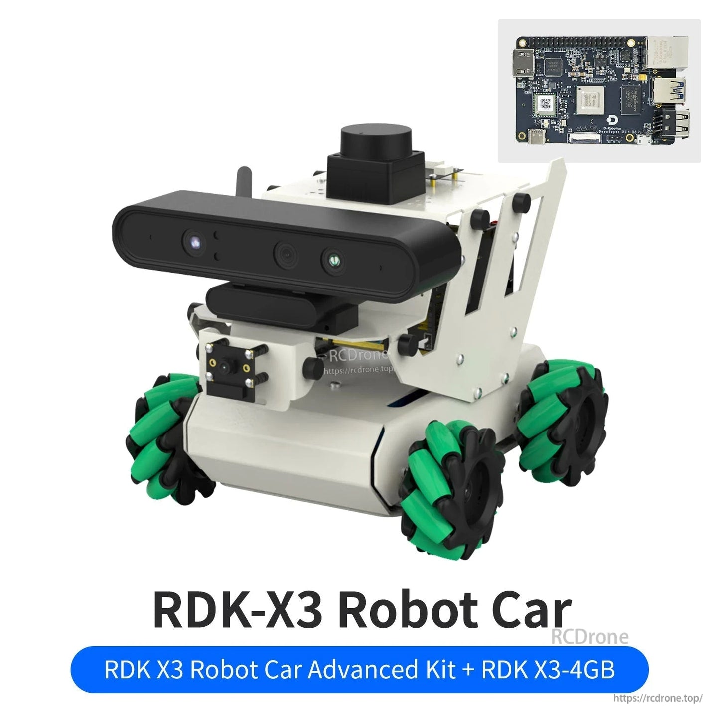 RDK-X3 Robot Car advanced kit graphic with inset of mainboard, front view with depth camera