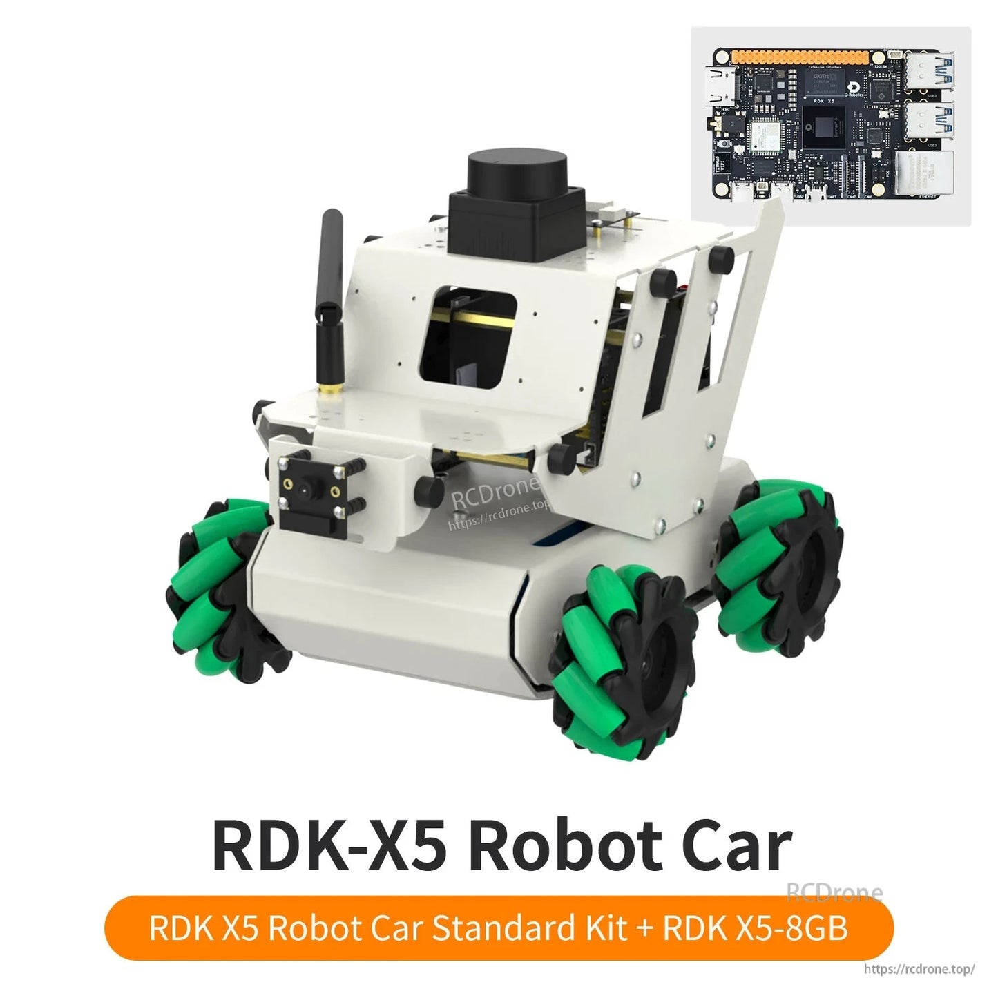 RDK-X5 Robot Car standard kit graphic with inset of mainboard, rear-left view on white background