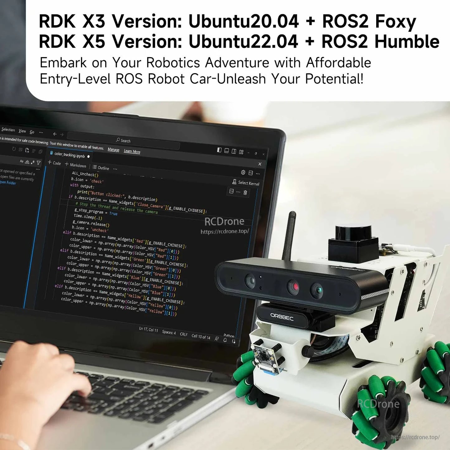 Laptop coding setup with robot car; text shows RDK X3 Ubuntu 20.04 ROS2 Foxy and RDK X5 Ubuntu 22.04 ROS2 Humble