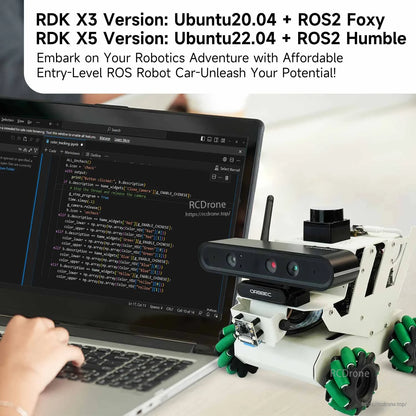 Laptop coding setup with robot car; text shows RDK X3 Ubuntu 20.04 ROS2 Foxy and RDK X5 Ubuntu 22.04 ROS2 Humble