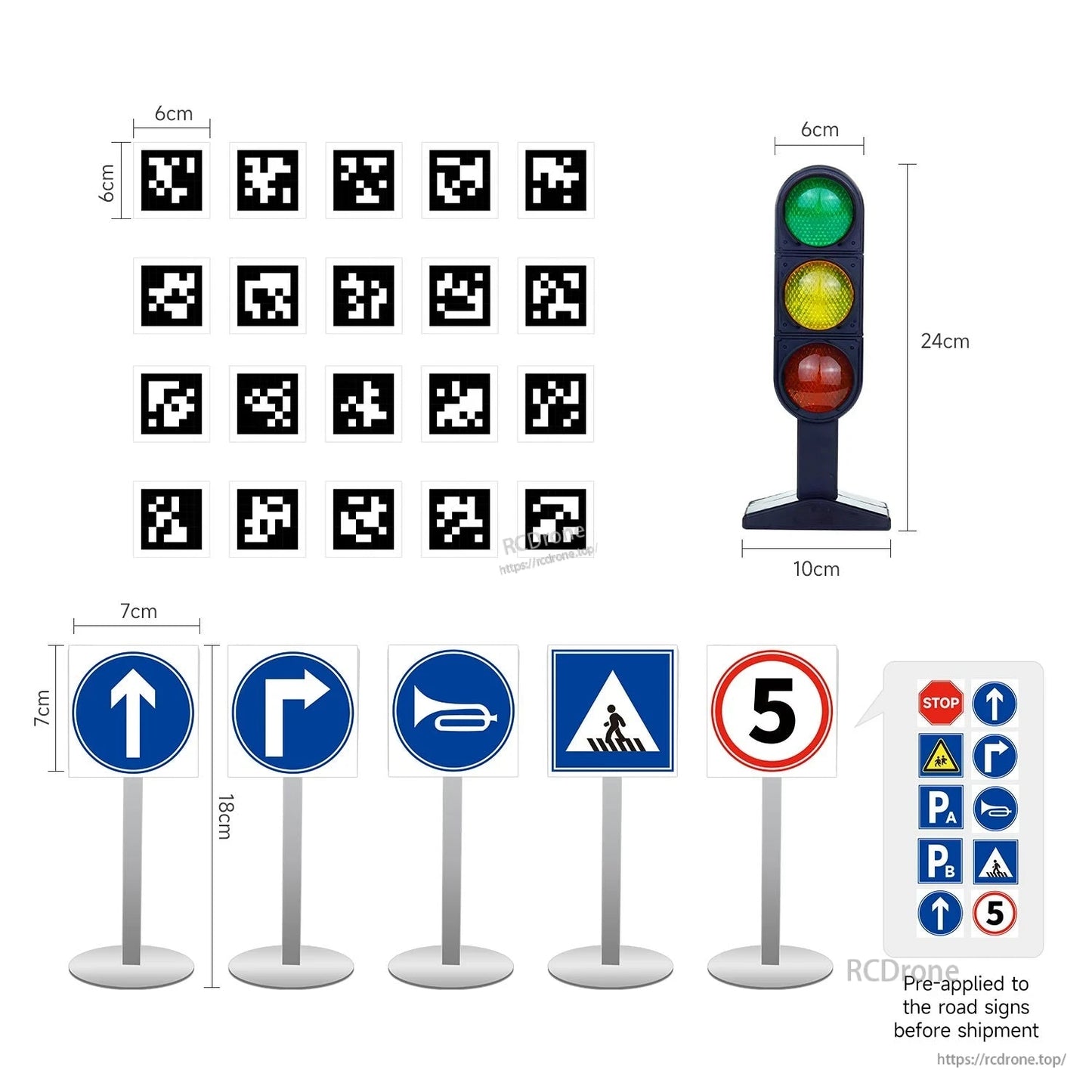 Yahboom ROS robot car parts kit overview: visual codes, traffic light, road signs and stickers with sizes