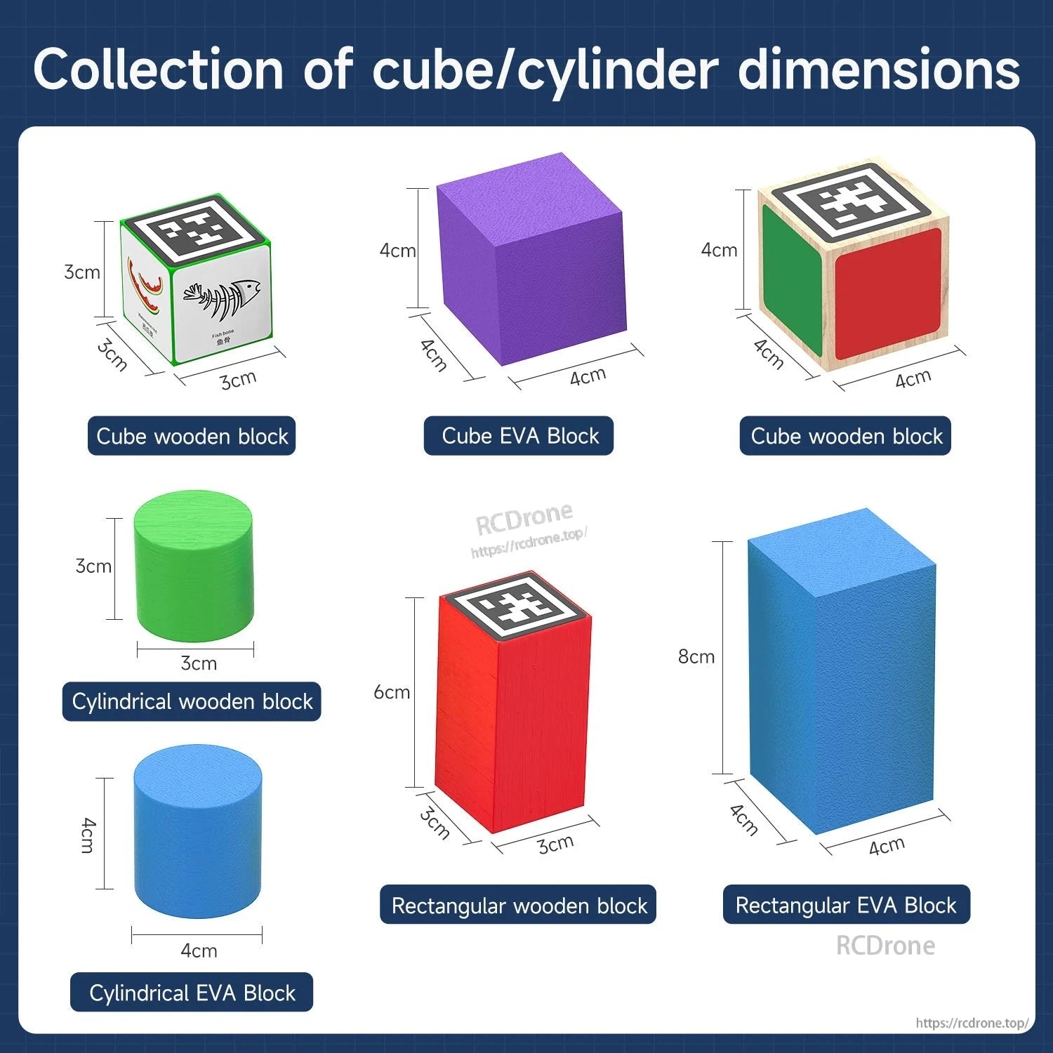 Wood and EVA blocks size chart—cube, cylinder and rectangular pieces for robot car obstacle tasks