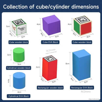 Wood and EVA blocks size chart—cube, cylinder and rectangular pieces for robot car obstacle tasks