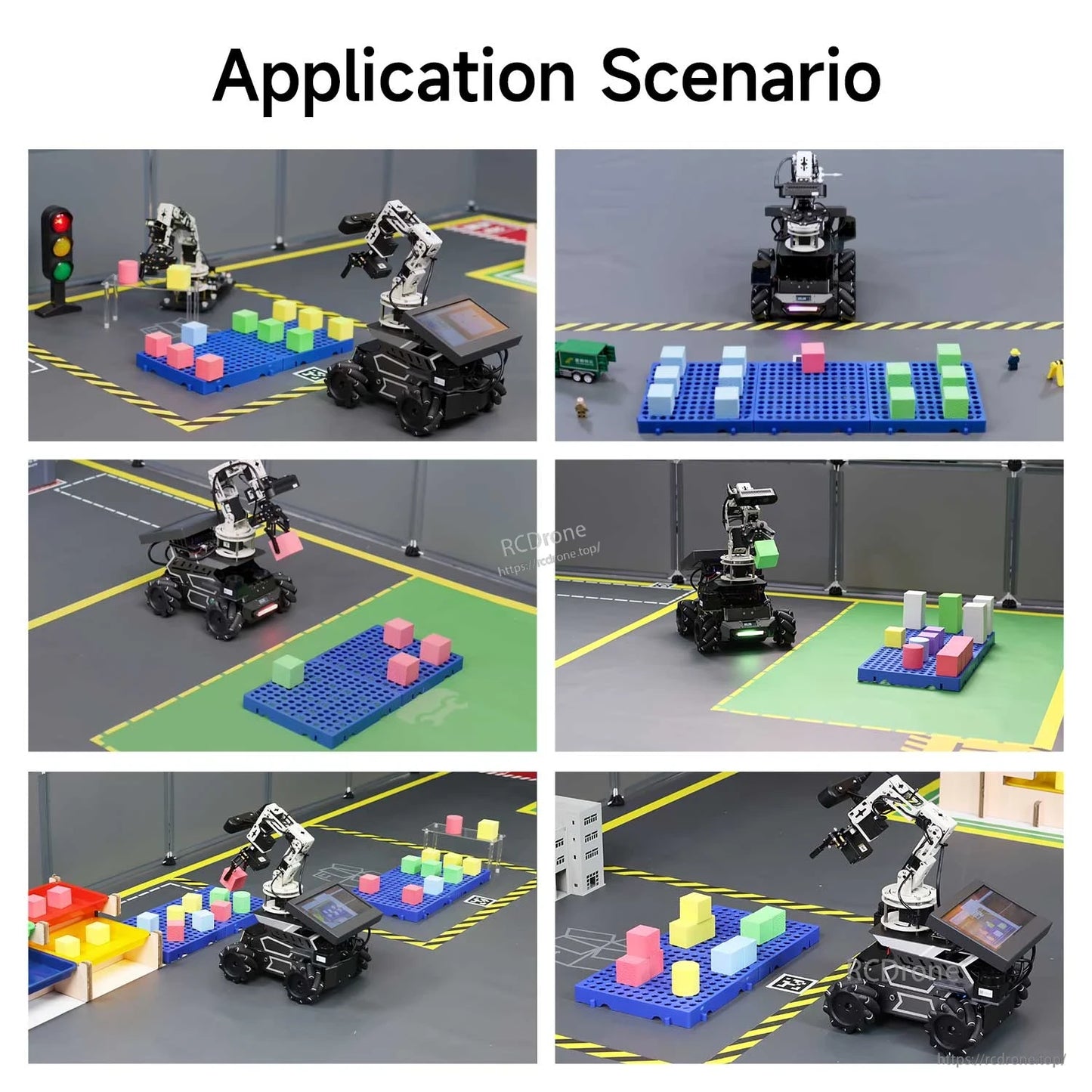 Application scenario collage: robot car with arm sorting colored blocks on a mat with road signs