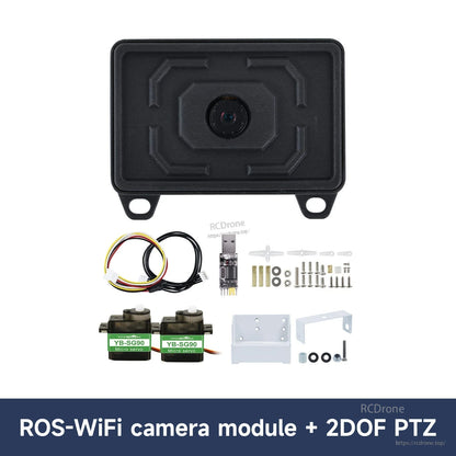 ROS-WiFi camera module + 2DOF PTZ kit contents with servos, bracket parts, screws, and cables