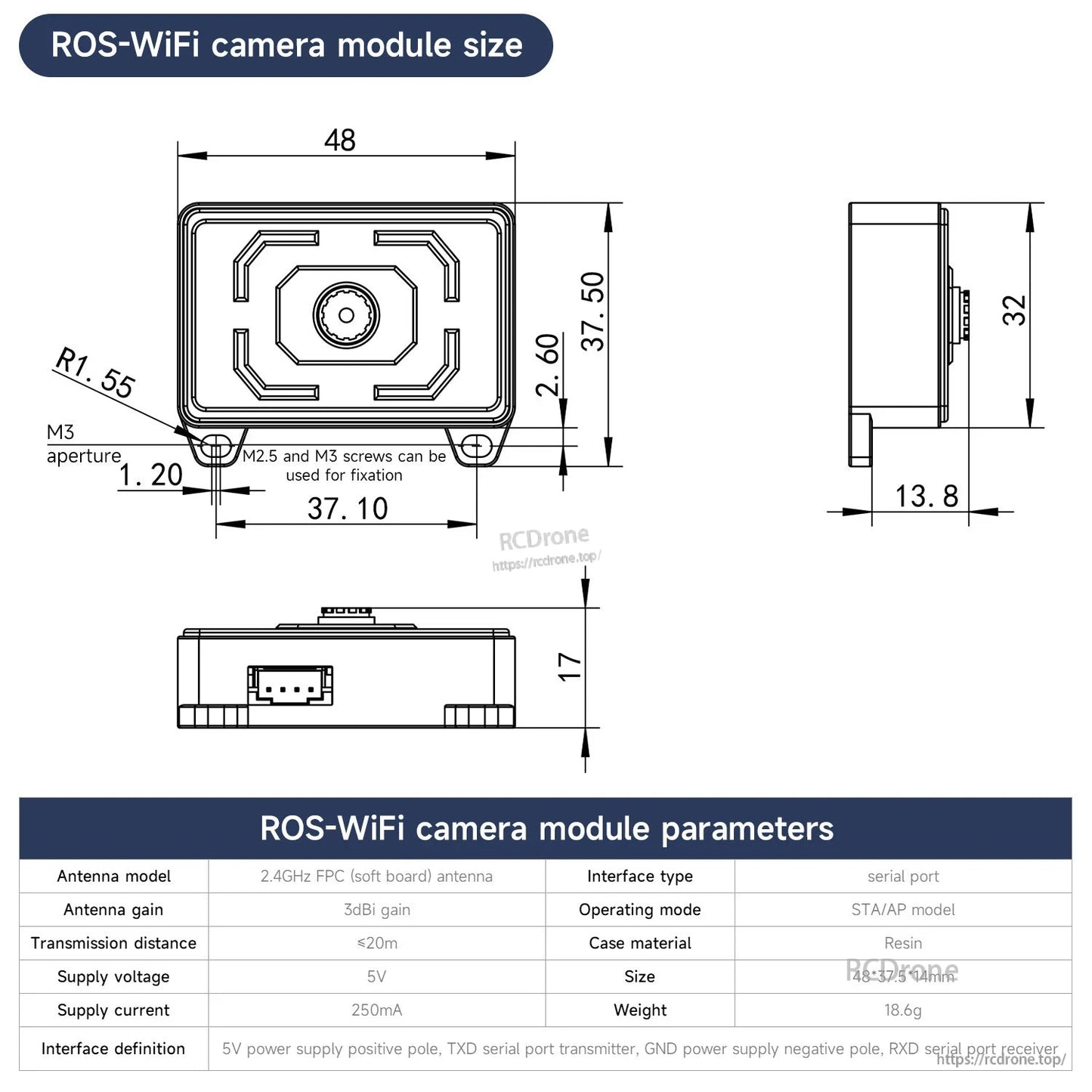 ROS-WiFi camera module size drawing with dimensions and interface parameter table