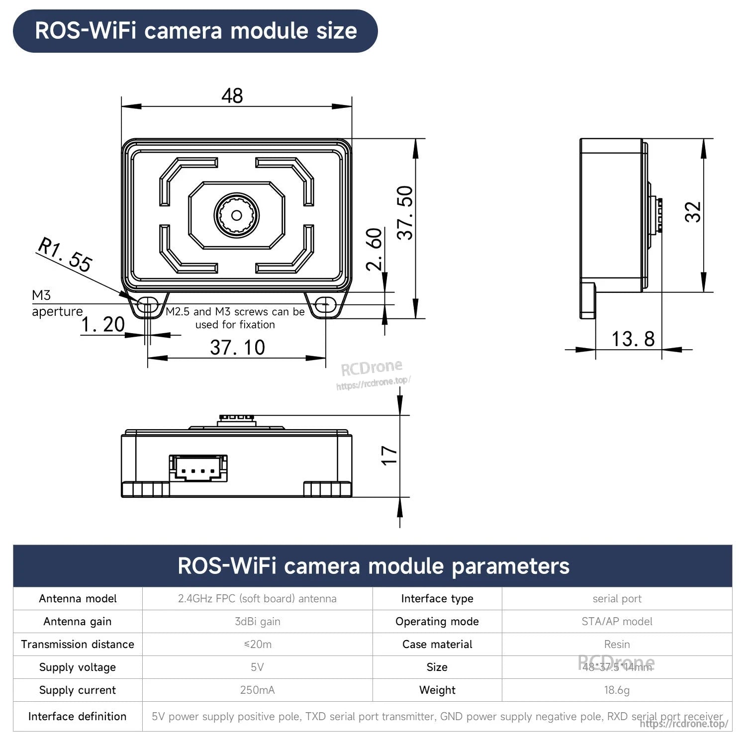 ROS-WiFi camera module size drawing with dimensions and interface parameter table