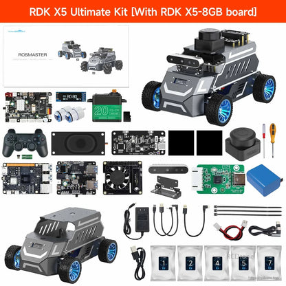 Yahboom ROSMASTER A1 ROS2 Robot, RDK X5 Ultimate robot car kit with wheeled chassis, controller boards, sensors, cables, and power accessor.