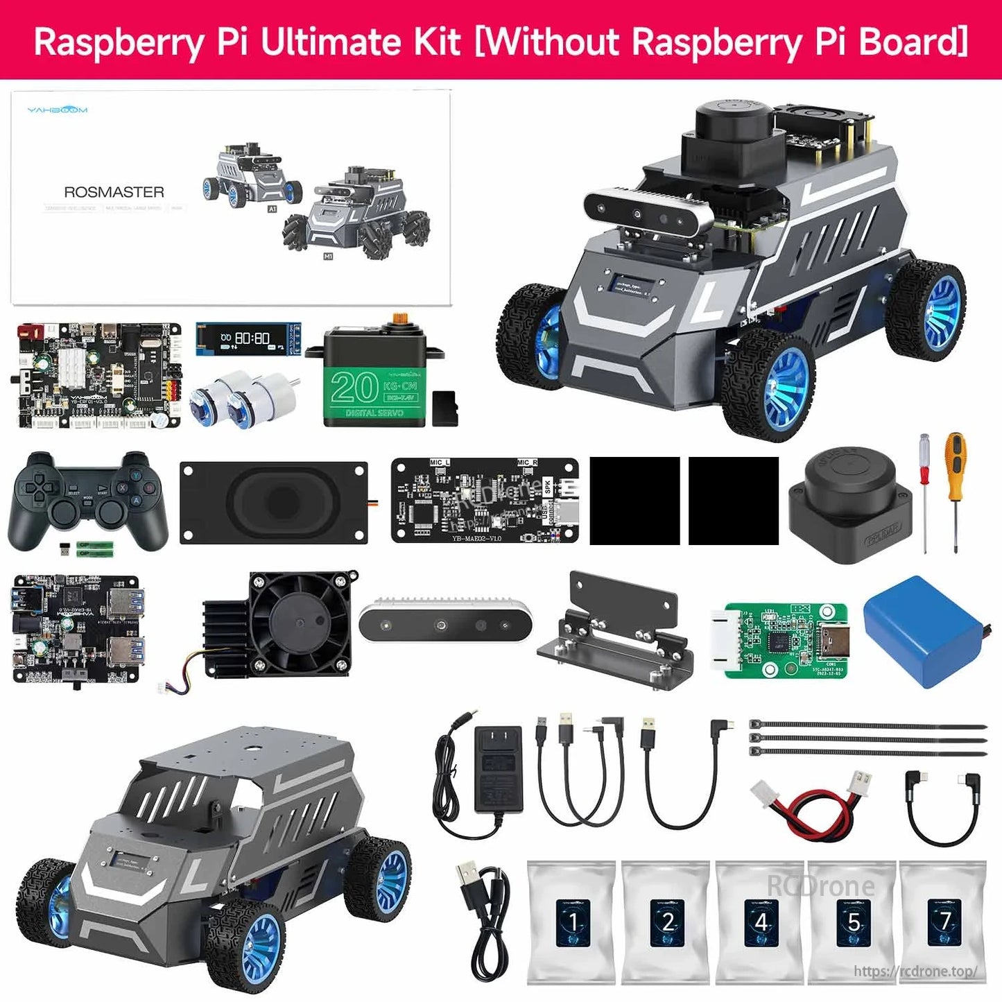 Raspberry Pi ultimate kit contents layout without Raspberry Pi board, showing sensors, boards, and parts