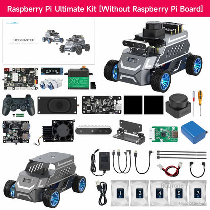 Raspberry Pi ultimate kit contents layout without Raspberry Pi board, showing sensors, boards, and parts