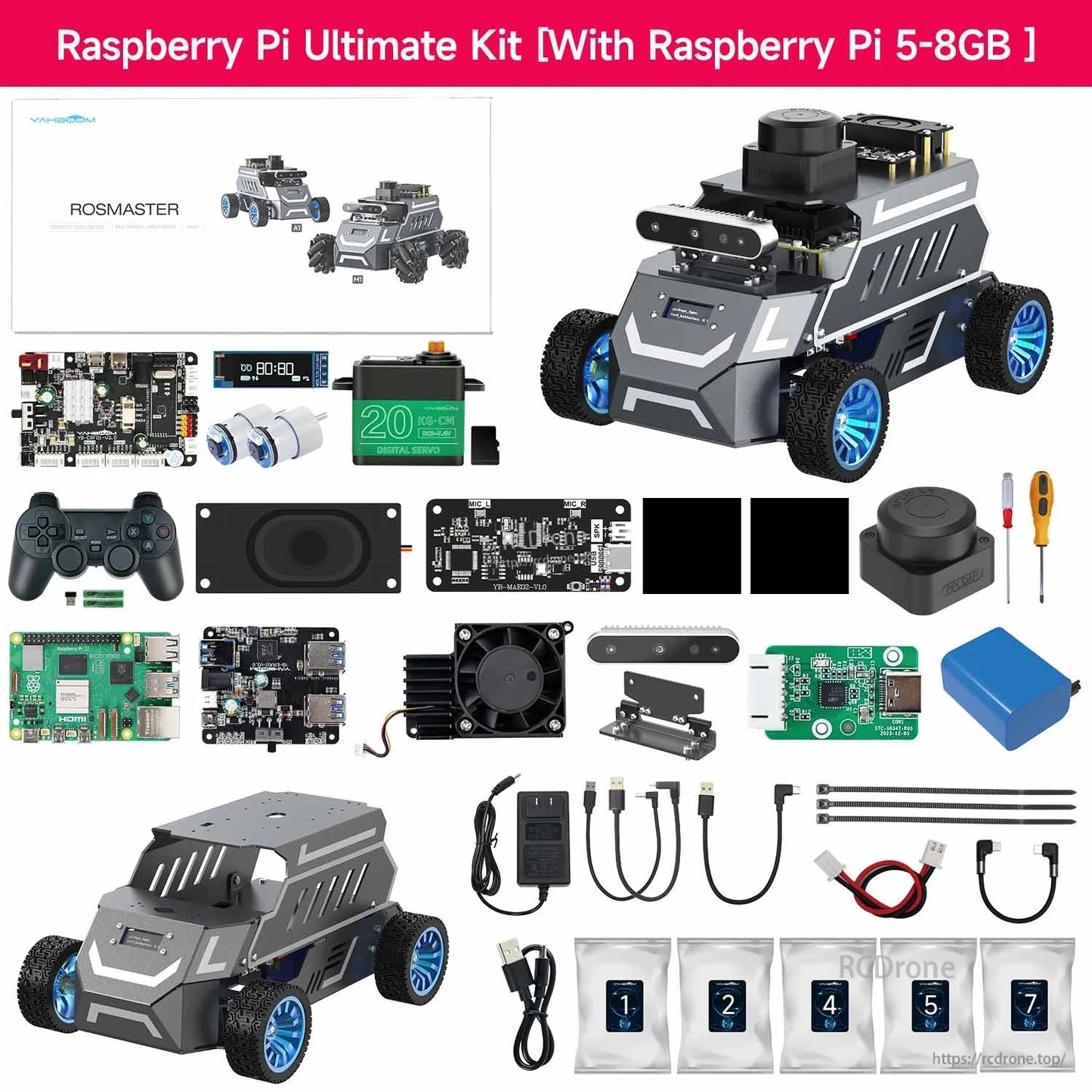 Raspberry Pi ultimate kit contents layout with Raspberry Pi 5 board and expanded sensors and accessories