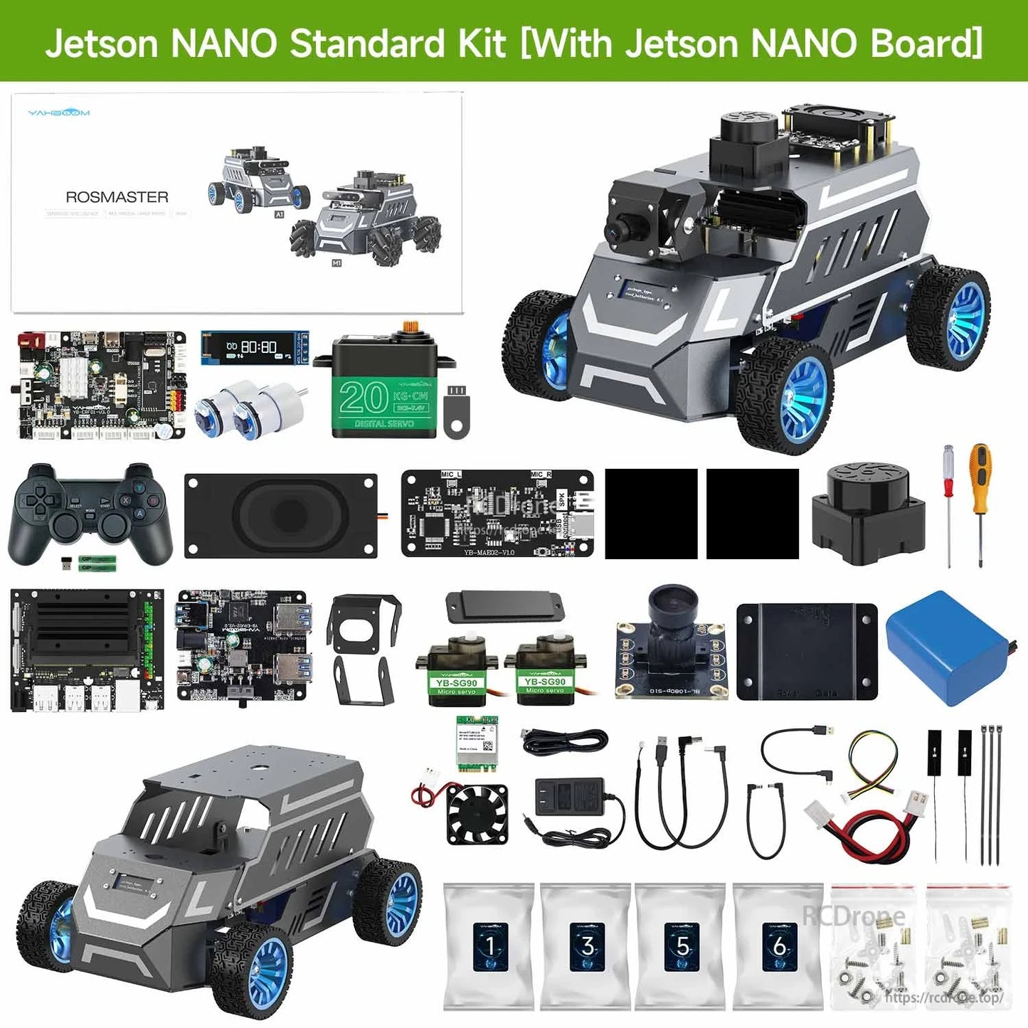 Jetson Nano standard kit contents layout with Jetson Nano board, robot car, sensors, and accessories