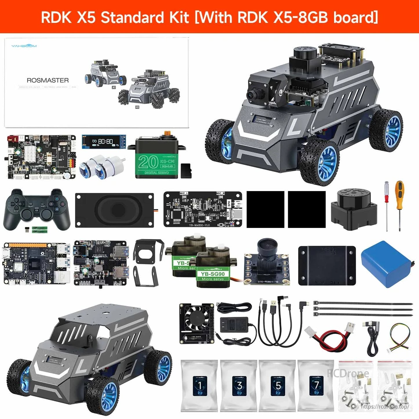 Yahboom ROSMASTER A1 ROS2 robot car kit with RDK X5-8GB board, controller, camera module and chassis parts