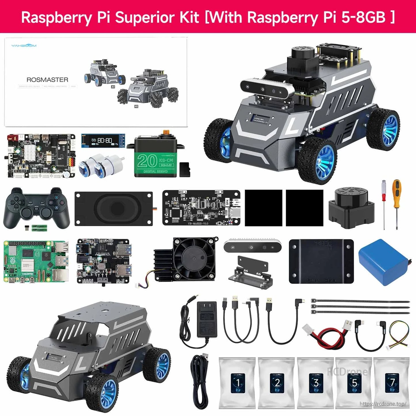 Raspberry Pi superior kit contents layout showing robot car, boards, sensors, cables, and hardware