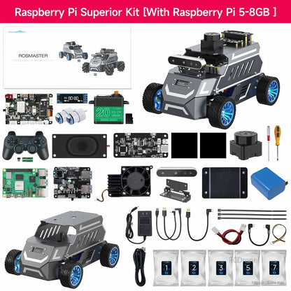 Raspberry Pi superior kit contents layout showing robot car, boards, sensors, cables, and hardware